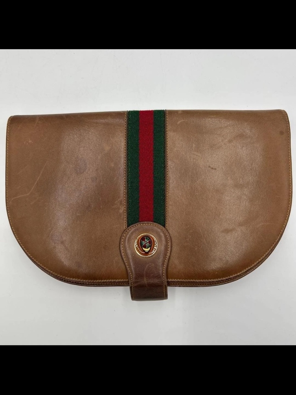 Gucci Brown Leather Clutch with Signature Green and Red Web